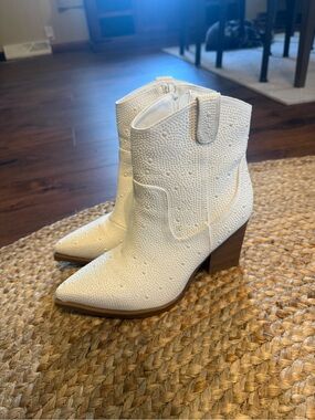 White Studded Western Ankle Boots - Women's Stylish Cowboy Bootie